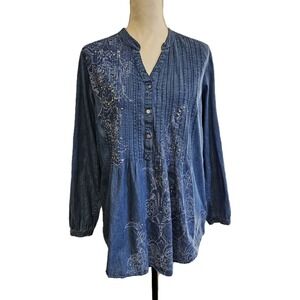 Style & Co Silver Studded Floral Print 100% Cotton Chambray Henley Shirt Size M